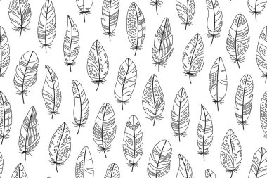 Kuş tüyleri pürüzsüz desen. Bohem tüyü soyut, sınırsız bir arka plan. Kağıt baskı, kumaş tekstil, ambalaj arkaplanı, tekrar eden şablon vektörü için karalama tüylü rustik süsleme sonsuz tasarım