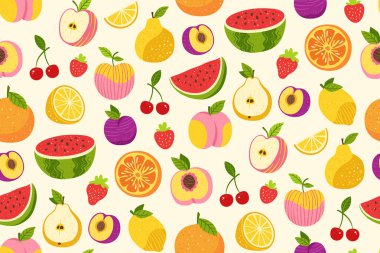Meyve ya da böğürtlen elle çizilmiş, pürüzsüz desen. Dilimlenmiş limon portakalı, elma, armut, karpuz şeftali meyvesi, modaya uygun sınırsız arka plan. Sulu çilekli erik kirazlı sonsuz vektör çizgi film tasarımı