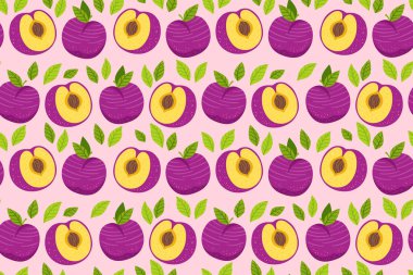 Erikli çizgi film kusursuz desen. El yapımı meyveli, sınırsız arka plan. Şirin erikler, kağıt baskı kumaş, tekstil ambalaj arkaplan şablonu ve mor erik meyvesi için sonsuz tasarım.