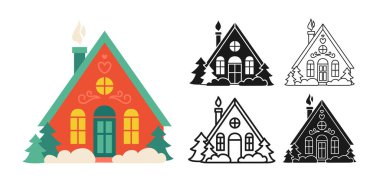 Kış Noel cephesi ev ikonu seti. Grafik sembollü ev. Xmas kulübesi basit karalama çizimi. Noel tebrik kartı, kartpostal, etiket, davetiye, takvim, web pankartı vektörü için ev işareti