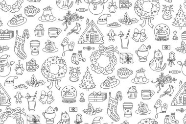 Noel ve mutlu yeni yıl karalaması kusursuz desen. Noel süslemeleri ile birlikte tatil arka planı tekrarlanıyor. Hediye paketi için Noel dokusu kağıt tekstil deseni, ambalaj kumaşı, vektör illüstrasyonu