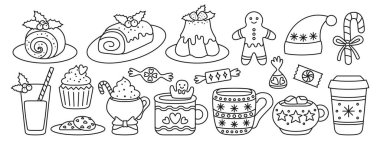 Noel pastası, puding ya da karalama seti. Yeni yıl bayramında doğrusal yiyecekler zencefilli kek, kek, şeker. Noel tatlısı, sıcak kış içeceği. Xmas dekorasyon tasarımı çocuksu vektör çizimi