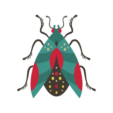 Böcek çizimi. Renkli kanatlı soyut fantezi böceği. Çocuklar için stilize edilmiş komik, kaprisli halk sanatı böceği tırmanışı. Komik, antika bir böcek. İzole edilmiş sembol retro vektör tasarımı