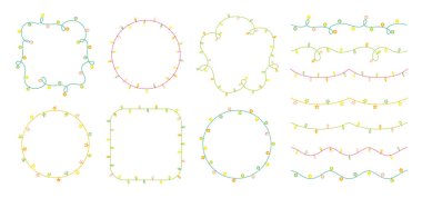 Noel çelengi çerçeve seti. Pırıl pırıl parlayan çelenk Noel Xmas sınır süslemesi. Ağ pankartları ve izole edilmiş kartpostallar için parlak ışık efekti şeffaf vektör biçimi