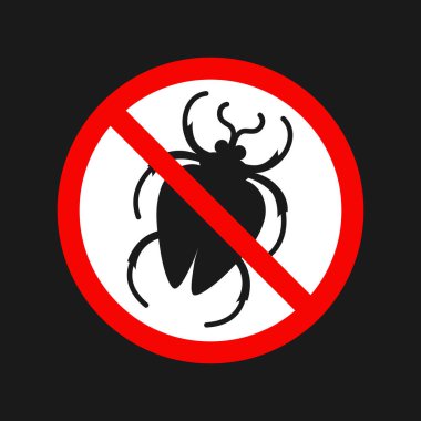 Böcek işareti yok. Anti-böcek posteri. Tahtakurusu silueti, kırmızı, yasaklayıcı, böcek ilacı çemberi amblemi. Böcek ilaçlama sembol durdurma. Basit mizah hatası grafik ikonu vektörü izole çizimi