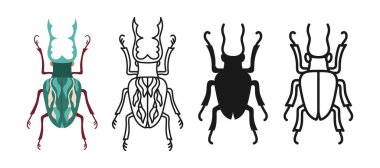 Boynuzlu böcek sembolü çizgi film seti. Soyut böcekler doğrusal karalama simgesi. Tarz sahibi halk sanatı böcekleri düz el amblem koleksiyonu. Basit bir doğrusal böcek kümesi imzala. Vektör izole illüstrasyonu