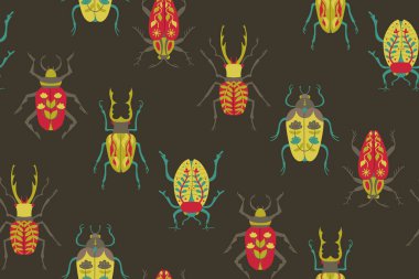 Böcekler kusursuz desenli tuhaf halk sanatı böcekleri. Sınırsız kanatları olan farklı fantezi böcekleri. Kağıt baskısı, kumaş tekstili, ambalaj arka planı şablonu için bitmeyen tasarım