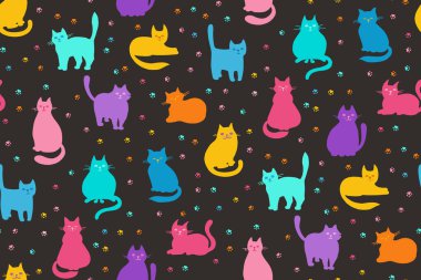 Kedi yavrusu duvar kağıdını tekrarlıyor. Siluet kediler çocuksu, kusursuz desenler çizerler. Farklı şekillerdeki komik kediler, kağıt baskısı, kumaş tekstili, çocuklar için ambalaj arka plan şablonu için sonsuz tasarım oluştururlar.