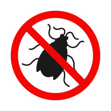 No insect sign. Anti cockroach poster. Silhouette of bug in red forbidding circle insecticide emblem. Symbol beetle pest control. Simple humor cockroach graphic icon vector isolated illustration clipart