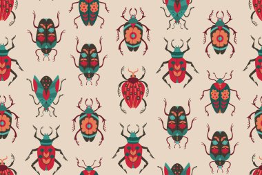 Böcekler kusursuz desenli tuhaf halk sanatı böcekleri. Farklı fantezi böceklerinin desenli kanatları uçsuz bucaksız süslemeleri. Kağıt baskısı, kumaş tekstili, ambalaj arka planı şablonu için bitmeyen tasarım
