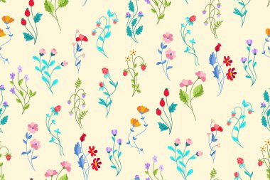 Klasik çiçeksiz desenli, çiçekli böğürtlen dalı. El çizimi halk kırsal botanik bitkisel trend sınırsız arka plan. Kırsal sonsuz tasarım kağıt baskısı, kumaş tekstil, ambalaj arkaplan şablonu