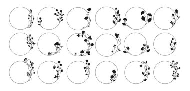 Yuvarlak çerçeveli, çiçekli ve böğürtlenli klasik siluet seti. El çizimi bitkisel şablon yuvarlak pankart çizimi, davetiye düğün kartı, poster kapağı. Soyut vektör tasarımı