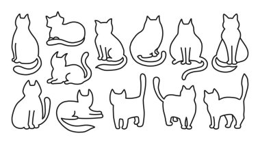 Kediler doğrusal işaret seti. Sembolik el, çocuksu, basit kedi yavrusunu çizdi. Çocuklar için modern komik hayvan ikonu tasarımı. Farklı pozlardaki kediler. Memeli çizimi karakter vektör sanat çizimi
