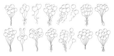 Balonlar karalama seti çizimleri. Doğrusal dekoratif farklı balon demetleri. Doğum günü kutlamaları, parti dekorasyon tebrik kartı, çocuk vektör çizgisi tasarımı