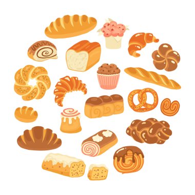 Ekmek Pastası Ürünleri Çizgi Film el çizimi seti. Çeşitli Loaf Bun Roll, French Baguette Croissant, Bagel, Pie, Cinnamon Roll, Wheat Rye Bread. Menü Fırını Pastası Dokulu Sanat Vektörü illüstrasyonu