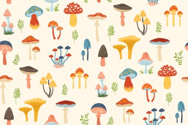 Mantarların elleri klasik, dikişsiz desen çizer. Çeşitli karalama desenli mantarlar sınırsız arka planı tekrarlar. Çizgi mantarlar sonsuz tasarım baskı tekstil, ambalaj arkaplanı, hatıra defteri vektör şablonu