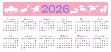 At takvimi 2026, maskotlu. Yatay şablon takvim kısrağı veya mustang. Farklı pozlarda çeşitli dost atlar. Hayvanlı yazıcı tasarım takvimi için vektör illüstrasyon karakteri