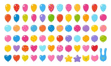 Desenli Balonlar resimleme seti. Çeşitli şekillerde ve desenlerde renkli balonlar. Çizgi film tasarımı parti için mükemmel. Doğum günü kutlaması, şenlik dekorasyonu, çocuk kartı vektör sanatını kutluyor