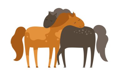 Çizgi film vektör illüstrasyonunu kucaklayan iki at. Komik safkan aşık yabani atlar. Çiftlik düz karakterli hayvan kucaklama sanatı. Sevgililer Günü kartı ve çocuk kitapları için el çizimi mükemmel.