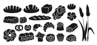 Ekmek ve pastane ürünleri basit bir sembol seti. Çeşitli somun çörekler, çörekler, Fransız ekmeği ve çavdar ekmeği. Menü fırını pasta koleksiyonu siluet vektör karikatür çizimi