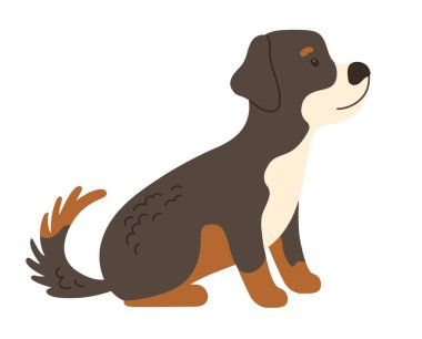 Çocuklar için çizgi film karakteri çizimi. Dost canlısı şirin Bernese Dağ Köpeği oturur. Beyaz arka planda izole edilmiş komik çocuksu sevimli evcil hayvanlar. Çocuklar için komik basit vektör sanatı