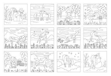 Çocuk vektör çizimleri için çayırdaki at boyama kitabı. Farklı pozlarda atların olduğu 12 sanat sayfası seti, manzara. Doğanın dört mevsimi çocuklar için çizim midillisi