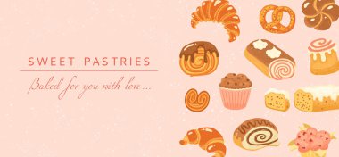 Tatlı çörekler, çizgi film geçmişi. Çeşitli çörek çörekleri, Fransız kruvasanı, yuvarlak kruvasan, turta. Buğday pastanesi desenli şablon vektör çizimi