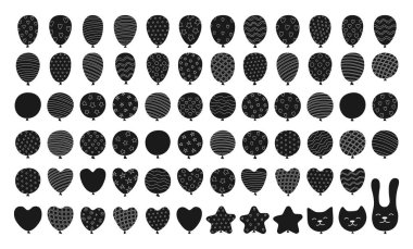 Desenli Balonlar, siluet karalama çizimini ayarladı. Çeşitli şekilli yıldız kalbi, yuvarlak, kedi ve desenler çizgili, benekli balonlar. Parti için mükemmel bir tasarım. Doğum günü kutlama vektörü dekorasyonu