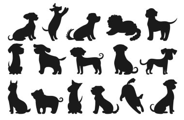 Şirin Köpekler çizgi film silueti çocuklar için resim seti. Farklı cinsten komik çocuksu köpekler. Yavru köpek oturarak poz veriyor. Şirin komik soyağacı köpek hayvan figürü tasarım vektörü