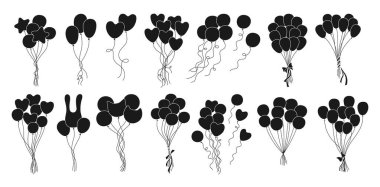 Balon demetleri, siluet set çizimleri. Çeşitli şekillerde siyah balon pulları. Doğum günü kutlamaları, parti dekorasyonu, tebrik kartı, damga, mühür vektör tasarımı