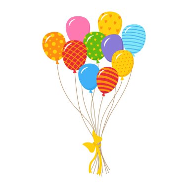 Bayram tebrik kartı için bir demet balon vektör illüstrasyonu. Renkli dekoratif karikatür desenli balonlar, fiyonklu. Parti dekorasyonu için mükemmel bir vektör tebrik kartları, çocuklar için tasarımlar