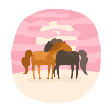 Çizgi film poster illüstrasyonunu kucaklayan iki at. Vahşi atların aşık olduğu komik kartpostal. Çiftlik düz karakterli hayvan kucaklama sanatı. El çizimi romantik tasarım Sevgililer Günü kartı için mükemmel