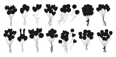 Balon demetleri, siluet set çizimleri. Çeşitli şekillerde siyah balon pulları. Doğum günü kutlamaları, parti dekorasyonu, tebrik kartı, kartpostal, çocuk vektör tasarımı