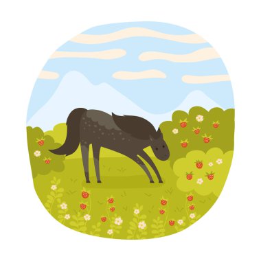 Çilekli çayır üzerinde at, yaz manzarası karikatür vektör çizimi. Yaz vadisinde şakacı kısrak at. Komik safkan aygır. Komik düz karakterli hayvan. Çizim tasarımı çocuklar için mükemmel.