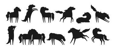 Farklı pozlardaki atlar çizgi film silueti seti gibi duruyor. Çocuksu midilli ya da mustang koleksiyonu şeklinde. Komik safkan vahşi aygır. İzole vektör illüstrasyonu çiftlik hayvanları sanatı