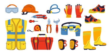 İnşaatçılar ekipman ve giysi, yelek, far, dizlik ve eldiven kemeri, alet çantası bıçak botları, kask koruyucu gözlük anahtarı. İnşa araçları inşa ekipmanı servis vektörü seti