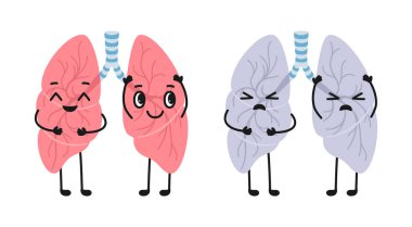 İki akciğer maskotu sağlıklı ve sağlıksız çizgi film çocuksu çizimler. Mutlu gülen akciğer ve kötü solunum organları karakteri. Sağlık İnsan Organı posterini, vektör çizgi roman tasarımını kontrol et