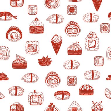 Suşi çizgi filminde kusursuz desen. Geleneksel Asya yemekleri sınırsız arka plan. Kağıt baskı tekstil ambalaj şablonu için farklı türde suşi deniz ürünleri sonsuz vektör tasarımı