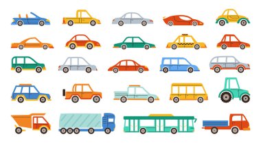 Araba el çizimi çizgi film seti. Renkli, şirin bir nakliye kamyonu, traktör kamyonu, taksi sedan koleksiyonu. Çocuklar için basit ikon araba çizimi tekstil kumaş poster illüstrasyonu