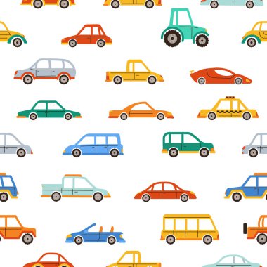 Car hand drawn cartoon seamless pattern. Cute different auto transport pickup, taxi sedan endless boundless background design. Simple repeat print wallpaper with car vector illustration for children