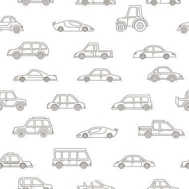 Araba el çizimi kusursuz desen. Sınırsız çocuksu arka plan tasarımı ile farklı otomobiller taşıyın. Basit doğrusal araba komik tekrar baskı, doku, duvar kağıdı vektör illüstrasyonu