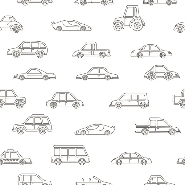Araba el çizimi kusursuz desen. Sınırsız çocuksu arka plan tasarımı ile farklı otomobiller taşıyın. Basit doğrusal araba komik tekrar baskı, doku, duvar kağıdı vektör illüstrasyonu