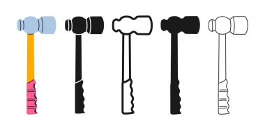 Yapı çekiç simgesi seti. Modern aletler, tamir aletleri tamirci, tesisatçı, marangoz. Alet çekiç işareti profesyonel biçimlendirilmiş basit çizgi film vektör çizimi