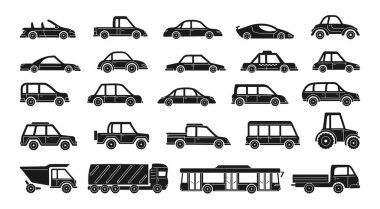 Araba el çizimi seti. Siluet ve doğrusal şirin farklı şekilli nakliye kamyonu, otobüs traktör koleksiyonu. Çocuklar için basit ikon araba çizimi tekstil kumaşı, poster vektör illüstrasyonu