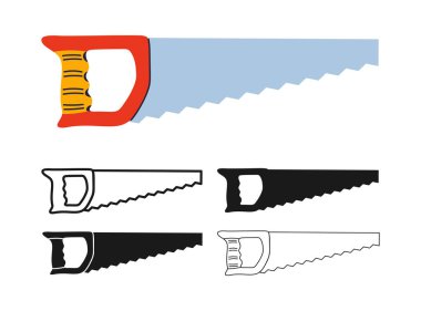 El testeresi simgesi seti. Profesyonel alet üreticisi el testeresi çok renkli siluet hatlı bir marangoz. İnşaat, ahşap işçiliği, karikatür vektör çizimi için