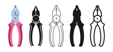 Kerpeten simgesi ya da siluet seti. İnşaatçı ve elektrikçi tamir aleti tabelası. Basit simge anahtarı pensesi stilize edilmiş el aracı vektör tasarım ögesi izole