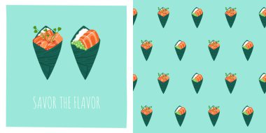 Temaki somon balığı suşi rulo çizgi filminde kusursuz desen. Geleneksel Asya yemekleri sınırsız arka plan. Suşi deniz ürünleri sonsuz vektör deseni kumaş kaplama şablonu