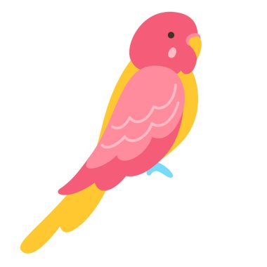 Papağan tropik karikatür çizimi. Çocuklar için egzotik, parlak muhabbet kuşağı pembe papağan modası çocuklar için moda sanat, çıkartma kartı, poster kapağı. Vahşi yaşam cangılı Hawai tatlı kuşu komik canlı vektör karakteri