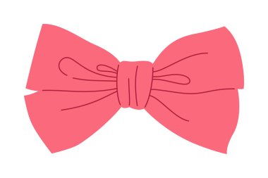 Kurdele yay eli, sevimli vektör çizimi çizmiş. Sevgililer Günü 'nü kutlamak için şık bir kaset tasarımı, düğün süsü. Çizgi film papyon düğümü hediye kurdelesi, ipek saç aksesuarı.