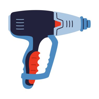 Elektrikli saç kurutma makinesi karikatürü çizimi. Modern tamir aletleri. İnşaatçılar için sıcak silah. Ev tadilatı. Güçlü saç kurutma aracı inşaat tabelası profesyonelce biçimlendirilmiş